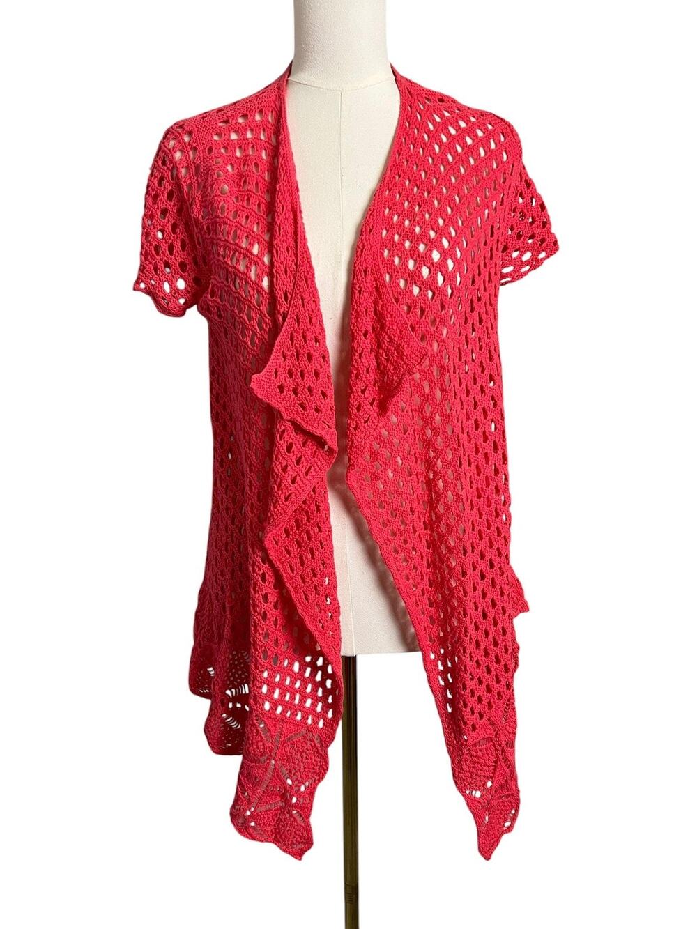 Jeanne Pierre Cardigan Sweater Womens Small Pink Crochet Open Front Ruffle Hem